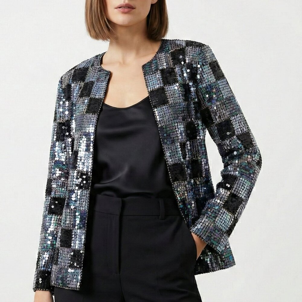 Iridescent Sequin Patchwork Jacket Vintage Collarless Party Blazer